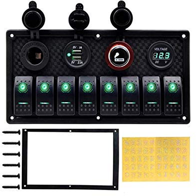 MUEOSI Panneau de Commutation de Voiture à 8 Gangs, for Bateau Marin, Double Prise Allume-Cigare USB Marche-arrêt 12 V 24 V, Accessoires de Charge de voltmètre Tableau électrique(Green)