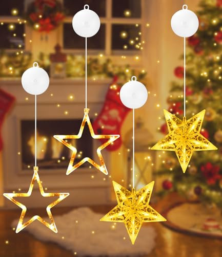 SOBEAU 4 Stück Weihnachtsbeleuchtung Fenster, LED Sterne Weihnachten Deko, Innen Batterie Vorhanglichter Fenster, Warmweiß Weihnachtsstern Weihnachtsdeko für Schlafzimmer Fest Party
