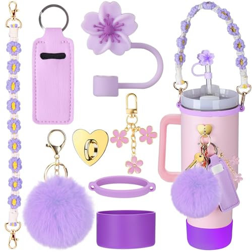 8PCS Cup Accessories for Stanley Cup 40oz Tumbler with Handle, for Stanley Cup Accessories Set Including Water Bottle Handle Strap, Silicone Straw Cover, Siliocne for Stanley Cup Boot (Purple)