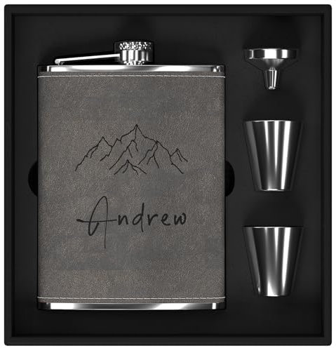 Flachmann Set mit Gravur der Berge, Flachmann Edelstahl 8oz/237ml Personalisiert für Geburtstagsgeschenke, Personalisierte Geschenke für Männer Ihn Camper Wanderer (Grau)