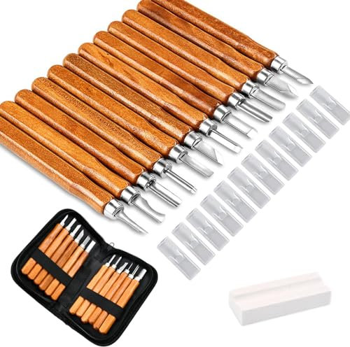 12 PCS Wood Carving Tools, Professional Engraving Tool kit with Grinding Stone, Carbon Steel Sharp Carving Whittling for Wood, Fruit, Sculpture & Wax Beginners DIY Craft