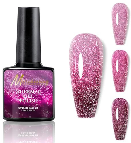 Colour Changing Gel Nail Polish - Glitter Gel Nail Varnish - Pink to Dark Pink Colour Changing Nail Polish - Thermal Temperature Sparkly Nail Polish - Soak off UV Gel Nail Polish