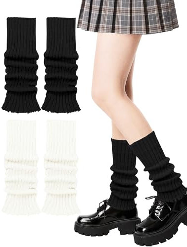 MELLIEX 2 Paar Stulpen Damen, Winter Gestrickte Beinstulpen, Warme Lange Beinwärmer,Schwarz und Weiß