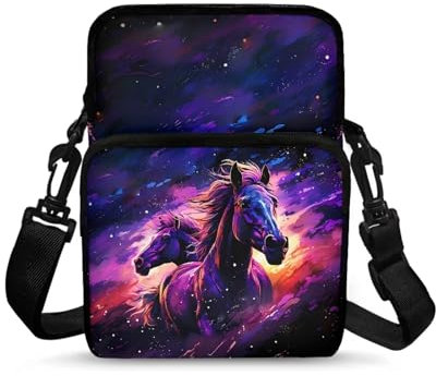 TSOVTHRID Umhängetaschen, Geldbörsen für Damen, kleine Umhängetasche, Brusttasche, Handytasche, Pferde blau lila Galaxie, One Size