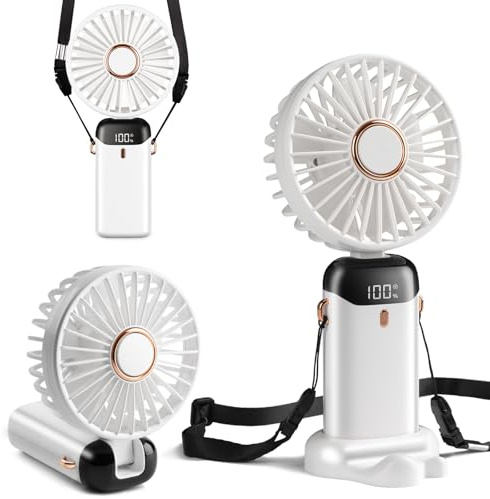 Mini Handheld Fan, Type-C Rechargeable, 4000mAh Battery Operated Fan with Digital Display, 90° Foldable, 5 Speed Wind,Handheld/Neck/Desk 3 in 1 Personal Small Fan, Makeup Fan for Women (Snow White)