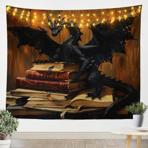 Loussiesd Drache Wandteppich 130x150cm Lesen Drache Tapisserie für Kinder Mädchen Jungs Wildlife Wandtuch Wild Tier Wandkunst Raum Dekor Braun Schwarz