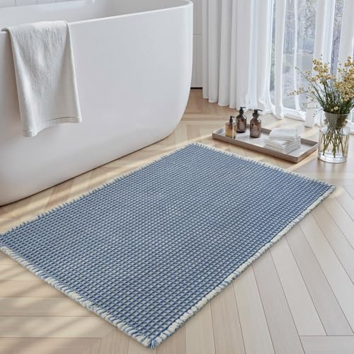 SIXHOME 50 * 80cm Blau-Weiß Badematte Super absorbierende Waffle mit Quasten, rutschfest, maschinenwaschbar für Badezimmer
