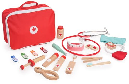 KidMigo Arztkoffer Kinder Holz 15-teiliges Doktorspiele ab 3 Jahre : Doktorkoffer Kinder Arztkoffer, Zahnarzt Spielzeug Doktorspiele mit Zubehör Stethoskop