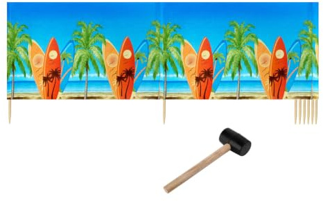 Ladeheid Windschutz Strand Strandzubehör Sichtschutz Holzstäbe LAEX001 | Mit Gummihammer, Strand Sichtschutz für Camping, Windfang im Sand, maritimes Muster, praktisches Strandzubehör mit Holzstäben