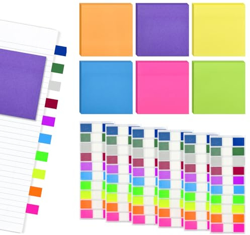 VGECEE 1200 X Seitenmarker Selbstklebend + 300 X Haftnotizen Klebezettel | Haftstreifen Haftmarker Plastik Page Marker, Klebemarkierungen Bunt und Sticky Notes 7.5x7.6 zum Lesen von Notizen, Bücher