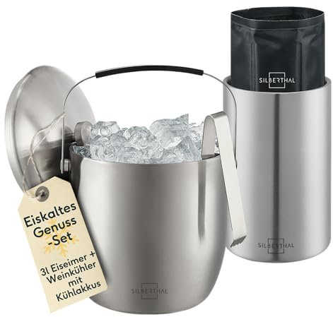 SILBERTHAL Weinkühler Edelstahl & Eiswürfelbehälter 3l mit Deckel und Zange - Flaschenkühler Set - mit 2 Kühlakkus - Praktisches Weinzubehör und Bar Accessoire