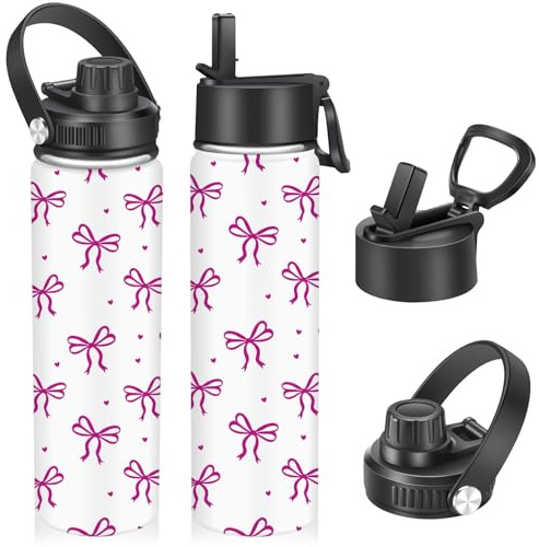 22oz Stainless Steel Insulated Water Bottle,Leak Proof Water Bottle with Stainless Steel Insulation with Carry Handle,Cold and Hot Drinks Sport Water Bottle for Sports Travel Gym(Purple Bow)