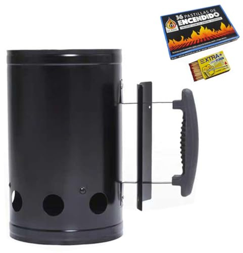 ASGRADO Encendedor de Carbón para Barbacoa,Chimenea de Encender, Chimenea de Carbón con Mango Térmico, 27,5 x 17 cm,+1 Caja Pastills de Encendido + 1caja Cerillas. (Negro)