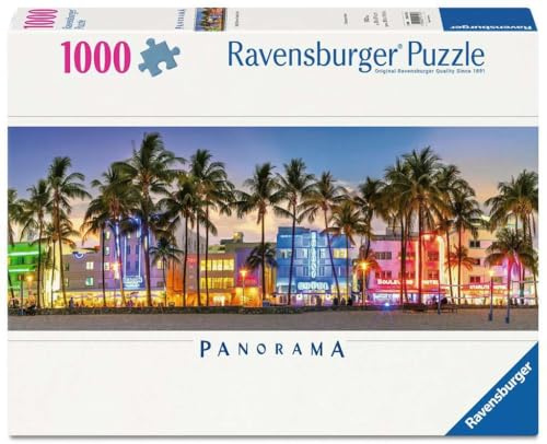 Ravensburger Puzzle 12001710 - Night Lights on Ocean Drive - Puzzle panoramique « Miami Beach » de 1000 pièces, pour Les Fans de Floride âgés de 14 Ans et Plus