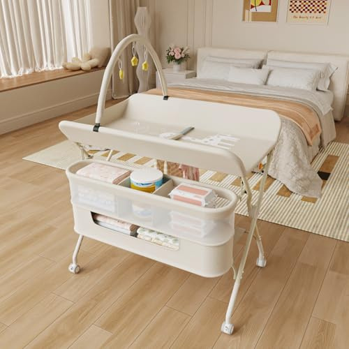 Wickeltisch mit Rollen, faltbar, tragbare Wickelunterlage, 5 verstellbare Ebenen, Aufbewahrungskorb zum Aufhängen für Neugeborene, für Babyzimmer, 75 x 68 x 83 – 91 cm (B), cremeweiß