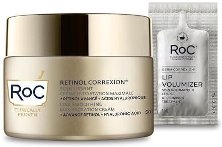 RoC Retinol Correxion Line Smoothing Max Hydration | Gesichtscreme mit Hyaluronsäure, Anti-Falten Feuchtigkeitspflege | 50ml + Lip Volumizer Paket
