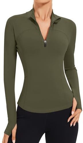 IECCP Women's Gym Tops Long Sleeve Sports T-Shirt Running Top for Ladies 1/4 Zip Sweatshirt with Thumb Holes Lightweight Quick Dry Slim Fit Army Green M