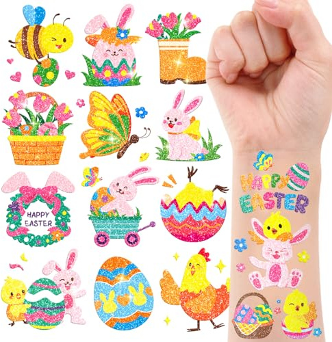 Leesgel Oster Glitzer Tattoos Kinder, 96 Stück Körbchenfüller Party Set | Hautfreundlich Wasserfest, Glitzer-Effekt, Ostern Motive, Körbchenfüller, Party Preise, Mitgebsel, Spiele für Kinder