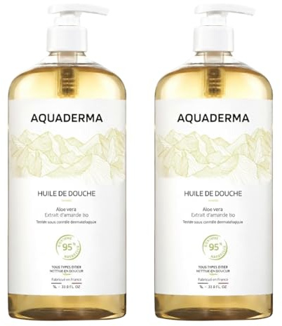 Aquaderma - Huile de douche - Aloe vera & amande - Hypoallergénique - 2x1L | 95% Origine Naturelle - Nourrit et Protège - Soin Quotidien Visage et Corps - Fabriqué en France - Tous Types de Peaux