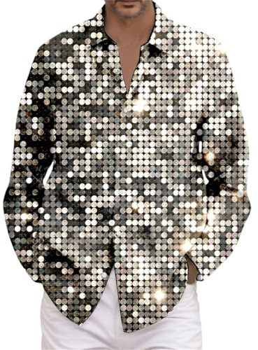 Pailletten Hemd Herren Silber Glitzer Bluse Langarm Glitzershirt Festliche Freizeit Button Down Glitzerhemd Karneval Party Silvester Hochzeit Glitzeroberteil 70er 80er Disco Club Kustüm Grün 5xl 6xl