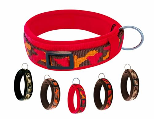 Buddypack-Hundehalsband breit & weich gepolstert (Rot-Braun auf Rot, L) | 4 cm breit für kleine, 5 cm breit für große Hunde, Neopren-Polster, Größe verstellbar, stabiler Klickverschluß, fellschonend