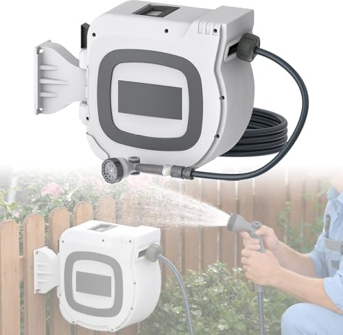 ACXIN Schlauchtrommel Wasser 30 m, Gartenschlauch Trommel mit 10‑Funktions Sprühdüse, Automatischer Schlauchaufroller, 180° Schwenkbare Wandhalterung, Wasserschlauch Trommel Garden Hose, Weiß + Grau