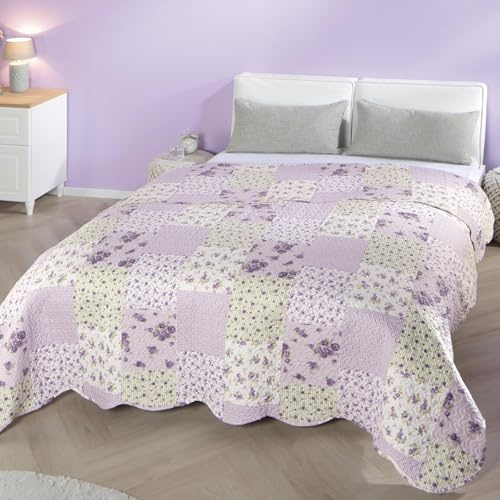 Delindo Lifestyle Copriletto 240 x 260 cm, per letto matrimoniale, copertura romantica patchwork con rose viola, in stile rustico, morbido e shabby chic