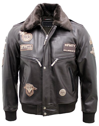 Infinity Men's Brown Cow Hide Leather Flight Bomber Jacket with Detachable Collar 2XL