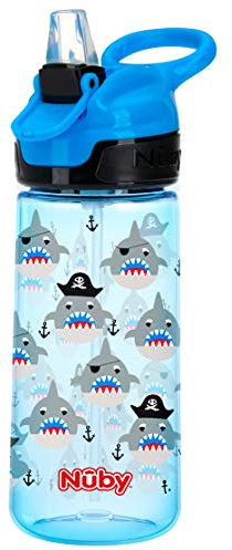 Nuby Push Button Flip-it Soft Spout Tritan Water Bottle, Blue Sharks, 18 Oz