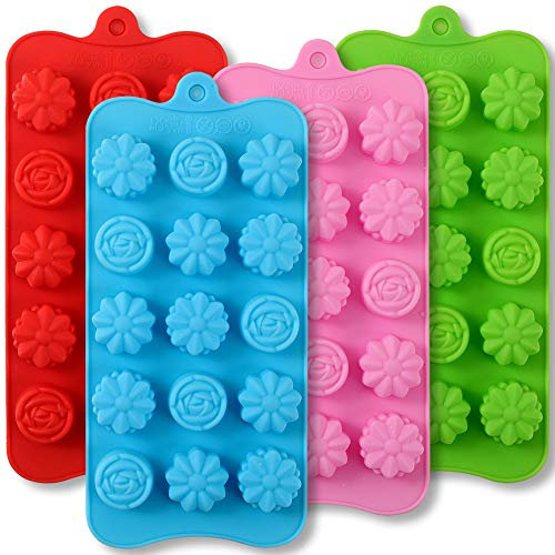 Newk Molde de silicona para flores de 15 cavidades, 4 paquetes de moldes de silicona antiadherente de grado alimenticio para chocolates, caramelos, gelatinas y bombas de baño