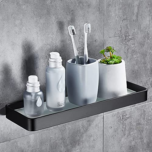 DUFU Selbstklebendes Duschregal Ohne Bohren - Raumfahrt-Aluminium-Korb mit Gehärtetem Glas | 30cm Schwarz | Badezimmer-Organizer