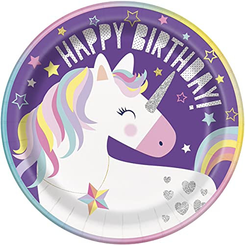 Unique- Platos de Papel Ecológicos-23 cm-Fiesta Unicornio-Paquete de 8, Multicolor, 23 centimeters (72495EU)