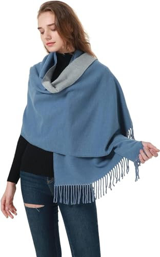 MEANBEAUTY Damen-Schal Doppelseite Kaschmir-Gefühl Schal warm Winter Pashmina Hochzeit Party Wickeltuch große Deckenschals-Blau+Grau