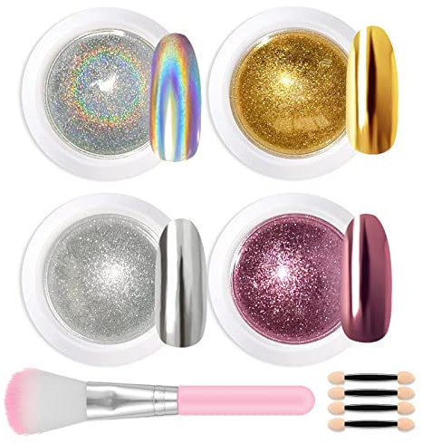 Lofuanna Chrome Nail Powder—4 Colors Mirror Effect Holographic Laser Glitter Manicure Chrome Pigment Powder for Nail Art Deco with 4pcs Eyeshadow Sticks and Dust Brush 0.5g/Jar