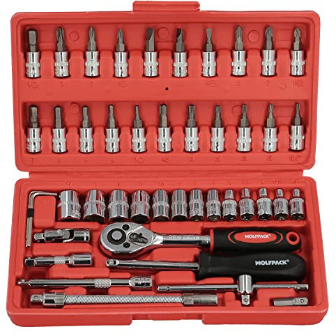WOLFPACK LINEA PROFESIONAL - Juego Llaves De Vaso y Puntas 1/4 46 Piezas. Con Apadtador. Cromo Vanadio, Kit Llave Combinada, Kit Carraca, Juego Llaves Vaso