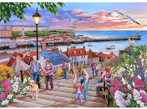 The House of Puzzles - 199 Steps Whitby Jigsaw - 1000 Piece Jigsaws For Adults, Artist Illustrated, Scenic Landscape, Deluxe Puzzle Gifts
