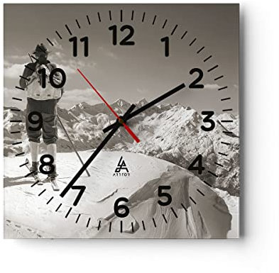 Modern Wanduhr Skifahrer Bayern Sepia 40x40cm Quadrat Groß Wand Uhr Glas Analog Zimmeruhren Küche Büro Wohnzimmer Glasuhr Wall Clock Dekoration Design Wanddekoration Küchenuhr C4AC40x40-4192