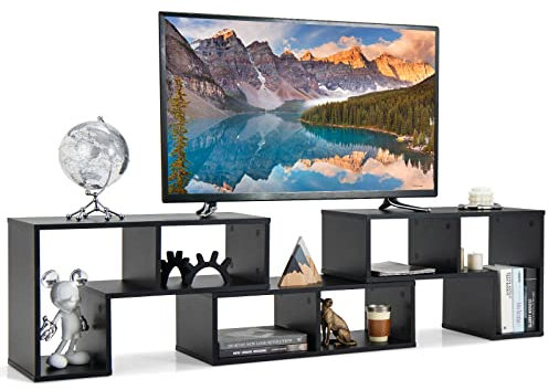 COSTWAY Meuble TV en 3 Pcs Modulaire, Meuble TV Angle Extensible pour Télé 49 Pouces, Étagère Bibliothèque Modulable pour Salon, Chambre, Meuble TV Bois, 135x30x43cm, Blanc/Noir (Noir)