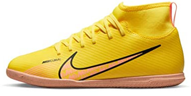 NIKE Jr. Mercurial Superfly 9 Club Ic Little/Big Kids' Indoor/Court Soccer Shoes, Yellow Strike Sunset Glow, 1 UK
