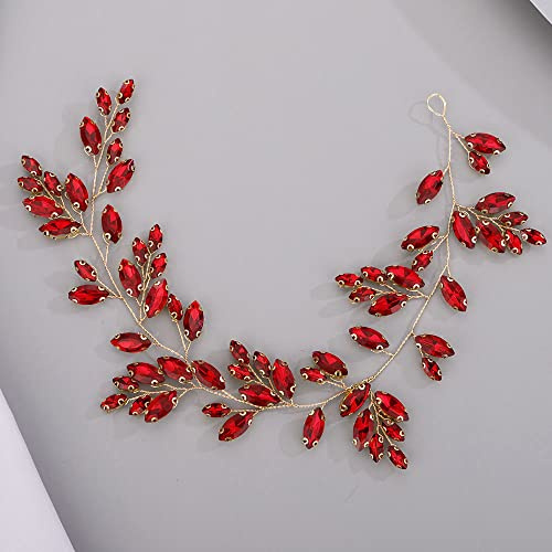 Chargances Bridal Crystal Hair Vine Wedding Red Rhinestone Headband Fashion Bride Hair Vine Wedding Prom Flower Girl Hair Accessories for Women and Girls (Red)