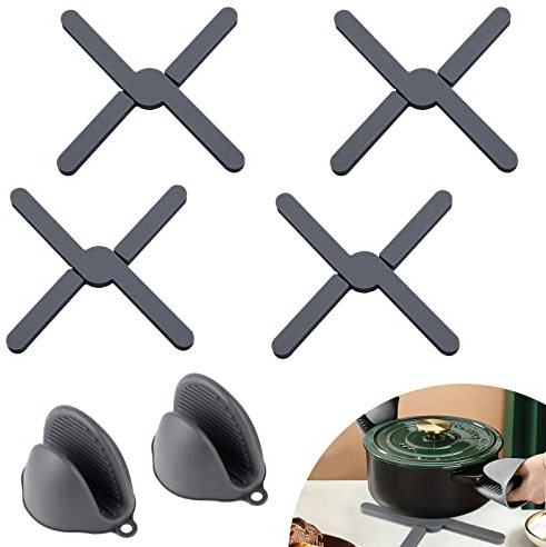 EXLECO 4 salvamanteles de silicona resistentes al calor, posavasos plegables con guantes de horno, agarraderas, protección contra el calor, soporte para ollas calientes, cuencos negros
