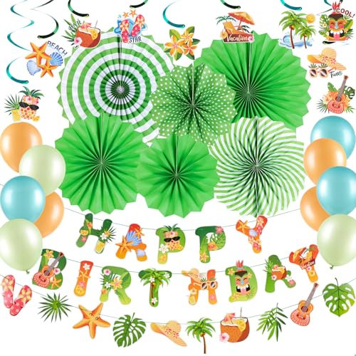 EASY JOY Hawaii Deko Party Dekoration Geburtstag Safari Deko Beach Party Zubehör Ballon Happy Birthday Girlande Papierfächer Luftschlangen für Tropische Sommer Geburtstag Kindergeburtstag