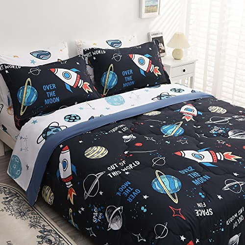 Wajade Kinder-Weltraum-Bettwäsche-Set Bett in einer Tasche, volle Größe, 7-teiliges 3D-Weltraumraketen-Bettwäsche-Set für Teenager, Jungen, 1 Spannbetttuch, 2 Kissenbezüge und 2 Kissenbezüge)