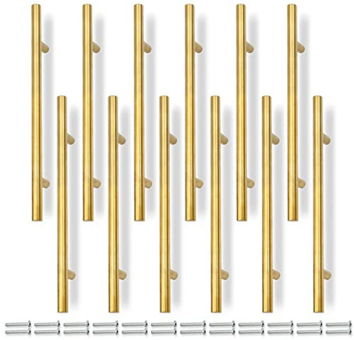 Bwintech 12 Pcs 250MM (160MM Loch Center) Gold Schrank Pull Griffe Küche T Bar Griffe, Edelstahl, Ideal für Schrank, Schublade, Schrank