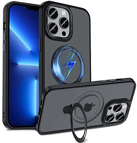 S. Dawezo Magnetisch Ständer Hülle für iPhone 13 Pro, Kompatibel mit Magsafe, Militärschutz, Anti-Fingerabdruck, Stoßfest Unsichtbare Halterungen Handyhülle für iPhone 13 Pro, Schwarz