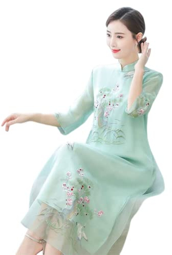 YAROVA Chinesischer Kleid Für Damen - Vintage Frauen Mittellange Qipao Kleider Traditionelle Elegante Cheongsam Tang Anzug Retro Robe Orientale Kleidung Für Bankett Party,Grün,XXL