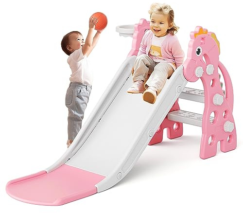 67i 3 in 1 Toddler Slide - 46.8 Inch Long Slide, 10-Min Easy Assembly, Foldable Anti-Tip Stable, Small Indoor Mini Slide for Toddlers 1-3, Baby Inside Slide Resbaladilla Indoor Outdoor Gift (Pink)