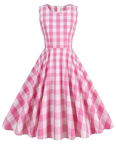 Plaid Kleider für Frauen Vintage 1950er Gingham Rockabilly Cocktail Party Swing Kariert Retro A-Linie Kleid, Pink, Groß