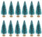 12 Mini Artificial Christmas Trees with Wood Base, Bottle Brush Trees, Plastic Snow Ornaments - Deep Green, 8.5cm