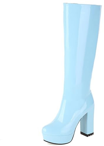 Lroey Reoly Stivali Alti Al Ginocchio da Donna con Tacco Largo, Stivali da Sera Punta Rotonda Tacco Alto Stivali Alti Zip con Plateau, E5675Wn Blu Numero 46 EU